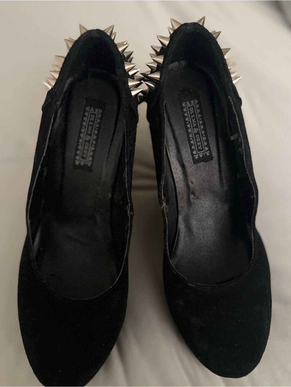 Deena and Ozzy Black Suede Spike-Accent Women's Wedges